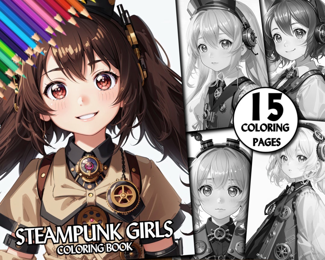 15 Steampunk Girl Coloring Book Kids Adults Coloring Pages Grayscale ...