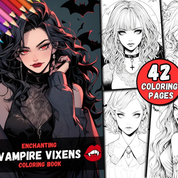 42 Enchanting Vampire Vixens Girls Digital Coloring Book Kids Adults Halloween Designs Grayscale Page Instant Download Printable PDF