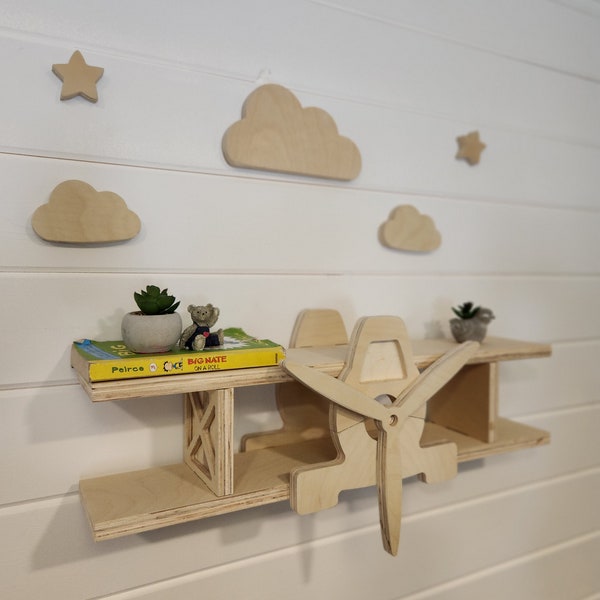 Wooden airplane shelf, picture shelf, toy shelf bookshelf plywood. Baby room accent