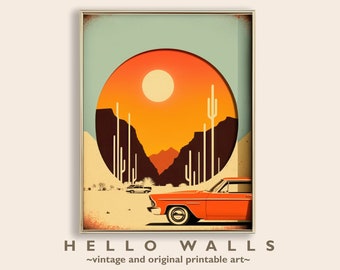 Mid Century Car Art Print, Orange Teal Desert Landscape (Digital Download)