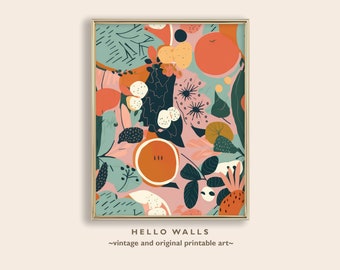 May include: A digital art print featuring a colorful abstract pattern of fruits, leaves, and flowers on a pink background. The print is framed in a gold frame and has the text "HELLO WALLS ~vintage and original printable art~" at the bottom.
