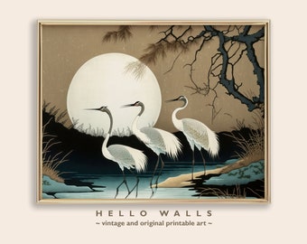 Japanese Cranes Art Print | Mid-Century Modern Wall Decor (Digital Download)