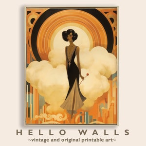 May include: A vintage art print featuring a woman in a black dress standing in front of a geometric background with orange, yellow, and brown colors. The woman is holding a red flower.