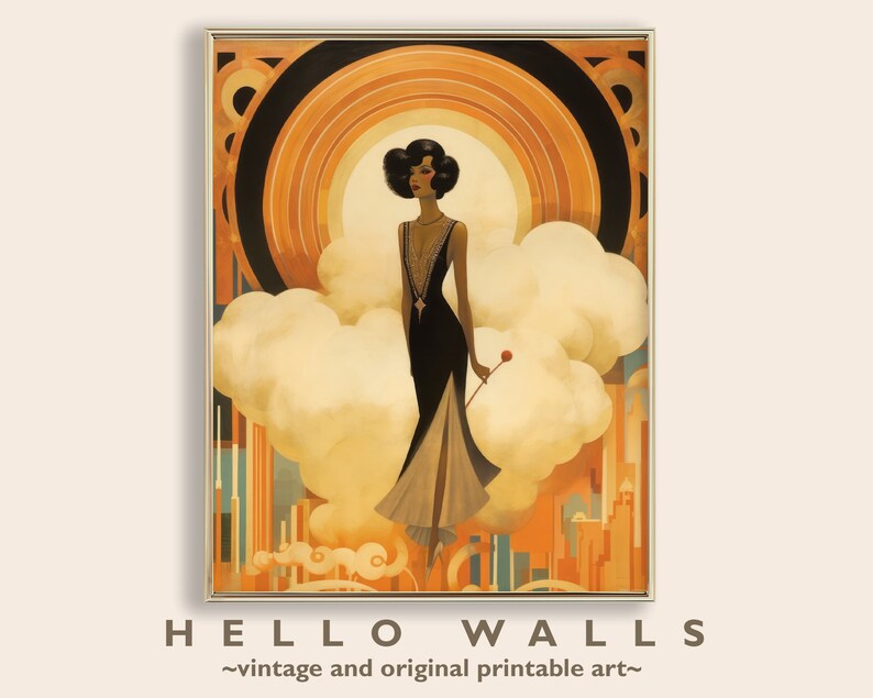 May include: A vintage art print featuring a woman in a black dress standing in front of a geometric background with orange, yellow, and brown colors. The woman is holding a red flower.