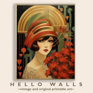Art Deco Wall Art Digital Print 1920s Wall Art Colorful Red Art Nouveau Decor Flapper Woman Parisian Art PRINTABLE DIGITAL DOWNLOAD