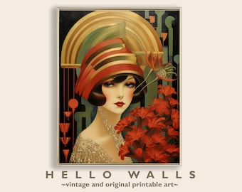 Art Deco Wall Art Digital Print 1920s Wall Art Colorful Red Art Nouveau Decor Flapper Woman Parisian Art PRINTABLE DIGITAL DOWNLOAD