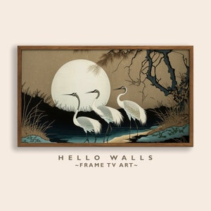Frame TV Art Minimalist Japanese Cranes DIGITAL Painting Birds Nature TV Art Wood Cut Living Room Decor Digital Download for Frame tv