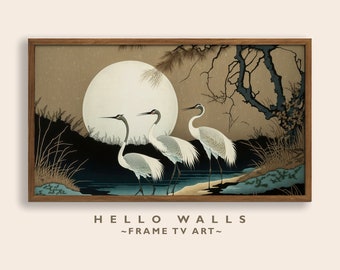 Frame TV Art Minimalist Japanese Cranes DIGITAL Painting Birds Nature TV Art Wood Cut Living Room Decor Digital Download for Frame tv