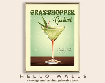 Bar Cart Art Grasshopper Cocktail Holiday Wall Art Retro Cocktail Print Booze Poster Mid Century Christmas Poster PRINTABLE DIGITAL DOWNLOAD