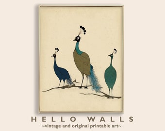 Póster de arte de pared minimalista de pavos reales para imprimir, decoración de pared Art Nouveau, pájaros, art déco, decoración de pared boho, arte de pared moderno, DESCARGA DIGITAL