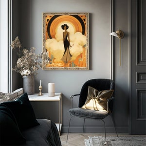 May include: A framed illustration of a woman in a black dress standing on a cloud with a city skyline in the background. The illustration is in a vintage style with a gold frame.