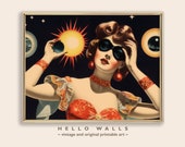 1940s Woman Solar Eclipse Wall Art DIGITAL Print Original Unique Wall Art Retro Poster Woman Art Celestial Art Printable INSTANT DOWNLOAD