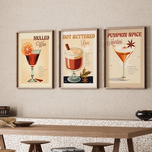Bar Cart Art Set van 3 Retro FALL Cocktail Prints Autumn Wall Art Pumpkin Spice Decor Thanksgiving Decor Afdrukbare DIGITALE INSTANT Download