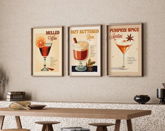 Bar Cart Art Set of 3 Retro FALL Cocktail Prints Autumn Wall Art Pumpkin Spice Decor Thanksgiving Decor Printable DIGITAL INSTANT Download