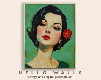 Retro 1950s Printable Oil Painting DIGITAL Wall Art Print 1960s Woman Wall Art Mid Century Modern Poster Green Wall Art INSTANT DOWNLOAD
