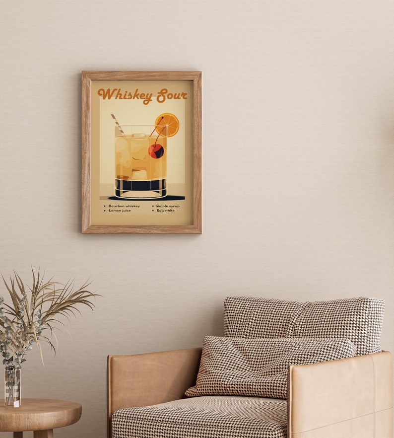 May include: A vintage-style illustration of a Whiskey Sour cocktail. The image features a glass filled with a yellow liquid, a cherry, and an orange slice. The text "Whiskey Sour" is written in a retro font at the top of the image. The ingredients are listed below: Bourbon whiskey, lemon juice, simple syrup, and egg white.