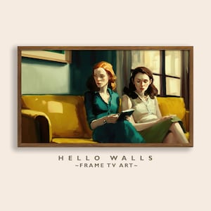 May include: Two women sit on a yellow couch in a room with a window. The woman on the left is wearing a teal dress and holding a book. The woman on the right is wearing a white shirt and a green skirt. The painting is framed in a brown wood frame.