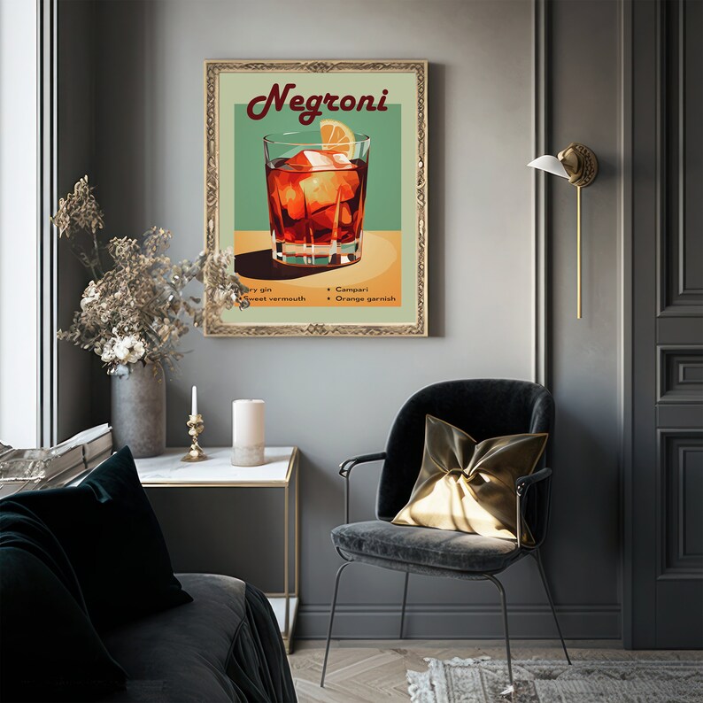May include: A vintage-style poster featuring a red Negroni cocktail in a glass with ice and an orange slice. The poster has a green background and the text "Negroni" in red. The ingredients are listed below: "Dry gin", "Sweet vermouth", "Campari", and "Orange garnish".