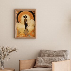 May include: A framed illustration of a woman in a black dress standing on a cloud with a cityscape in the background. The woman is holding a red flower. The background is a gradient of orange, yellow, and brown.