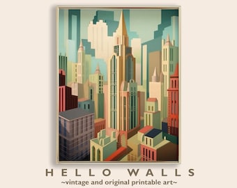 May include: A vintage-style illustration of a city skyline with tall buildings in various shades of red, yellow, green, and blue. The illustration is framed in a gold frame and has the text "HELLO WALLS -vintage and original printable art-." at the bottom.