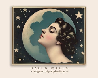 Arte de pared Art Nouveau DESCARGA DIGITAL Impresión Luna Estrellas Póster IMPRIMIBLE Arte de pared celestial de mujer de los años 1920 Impresión digital Decoración de pared de dormitorio