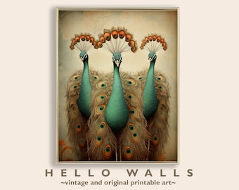 Pavões Art Nouveau Impressão Pavão Decoração de parede Maximalista Arte de parede Birding Art Nouveau Decoração de sala de estar Pavões IMPRIMÍVEL DOWNLOAD DIGITAL