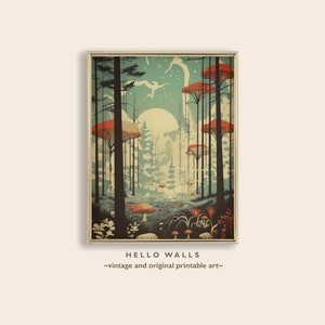 May include: A vintage-style illustration of a forest with red and orange mushrooms, tall trees, and a full moon in the sky. The text "HELLO WALLS ~vintage and original printable art~" is at the bottom of the image.