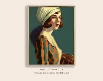 Portrait Art Déco clapet | Mode des années 1920, bleu sarcelle et orange (téléchargement numérique)