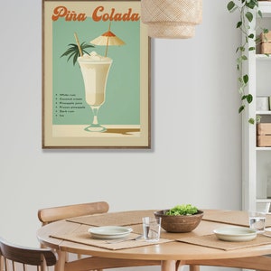 May include: A vintage-style poster with the text "Pi&ntilde;a Colada" in a retro font. The poster features an illustration of a Pina Colada cocktail in a tall glass with a straw and a small umbrella. The ingredients for the cocktail are listed below the illustration: white rum, coconut cream, pineapple juice, frozen pineapple, dark rum, and ice.