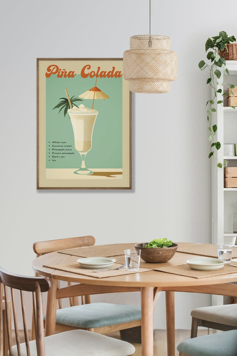 May include: A vintage-style poster with the text "Pi&ntilde;a Colada" in a retro font. The poster features an illustration of a Pina Colada cocktail in a tall glass with a straw and a small umbrella. The ingredients for the cocktail are listed below the illustration: white rum, coconut cream, pineapple juice, frozen pineapple, dark rum, and ice.