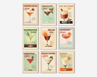 Christmas Bar Cart Wall Art SET of 9 Retro Cocktail DIGITAL DOWNLOADS Christmas Martini Poster Art Holiday Cocktail Printable Poster Designs
