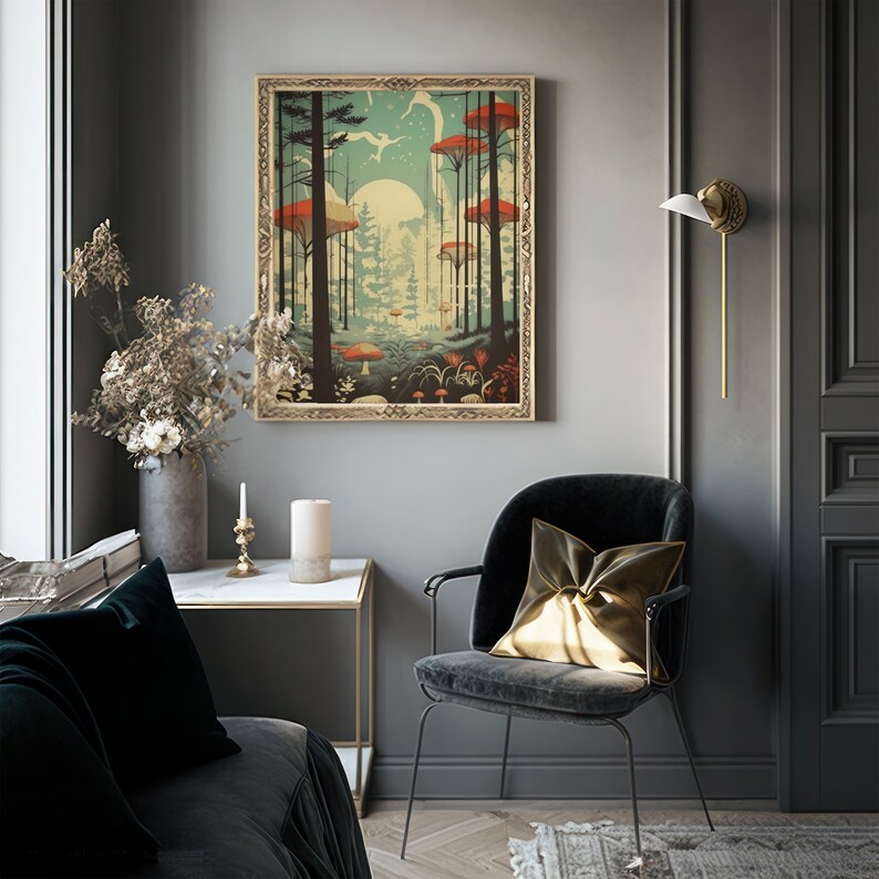 May include: A framed illustration of a whimsical forest scene with red and orange mushrooms, a full moon, and a starry sky. The illustration is in a gold frame and hangs on a grey wall.