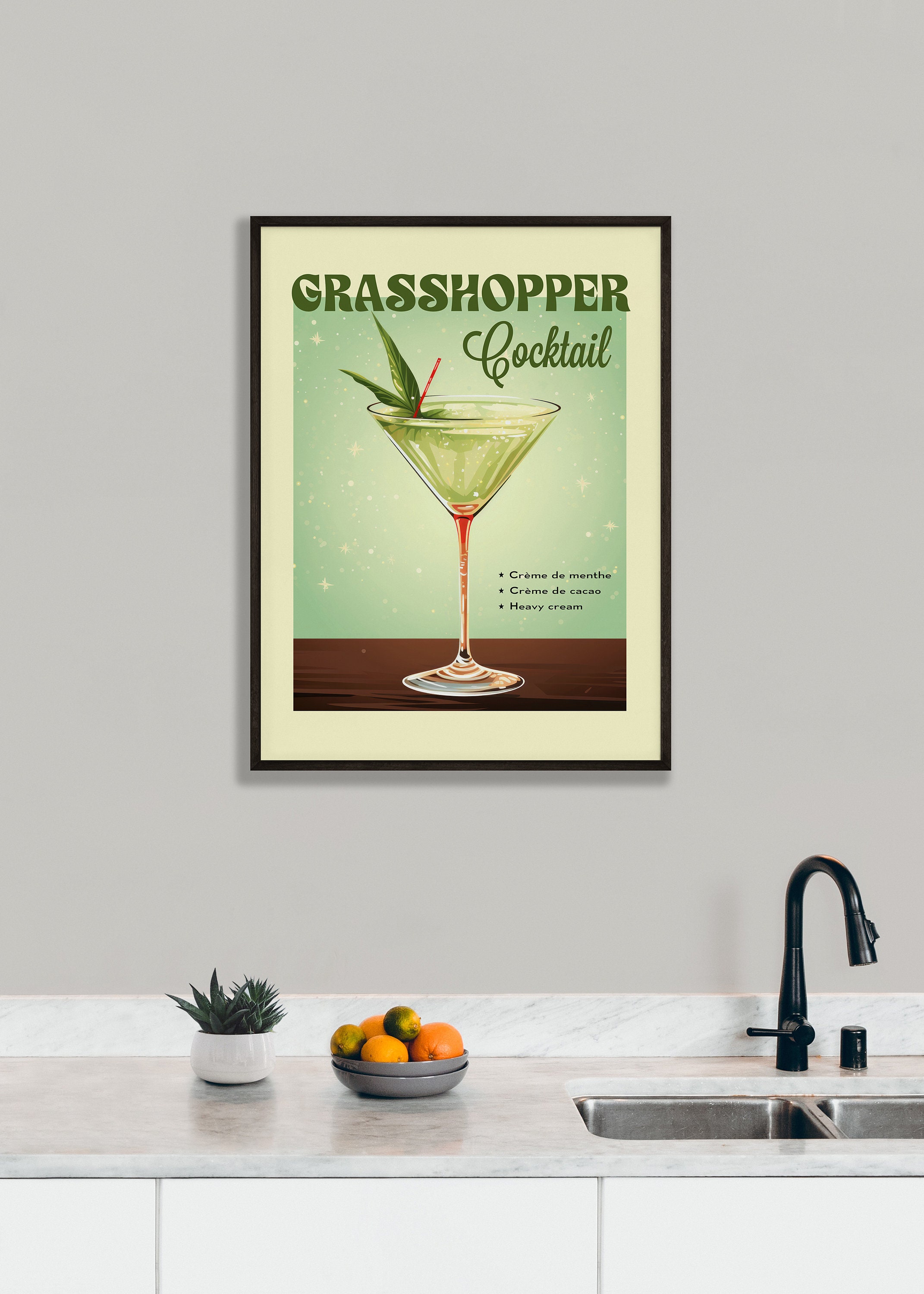Bar Cart Art Grasshopper Cocktail Holiday Wall Art Retro Cocktail Print ...