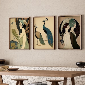 Art Nouveau 3 Piece Gallery Set DIGITAL DOWNLOAD 1920s Wall Art PRINTABLE Posters Peacock Art Gallery Wall Flapper Wall Art Designs