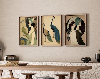 Art Nouveau 3 Piece Gallery Set 1920s Wall Art Nouveau Print Gallery Wall Peacock Prints Flapper Wall Art Gallery PRINTABLE DIGITAL DOWNLOAD