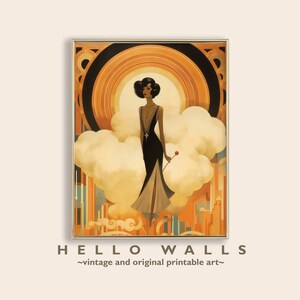 May include: A vintage art print featuring a woman in a black dress standing in front of a colorful abstract background. The background features a sun with concentric circles and clouds. The text "HELLO WALLS" is at the bottom of the print.