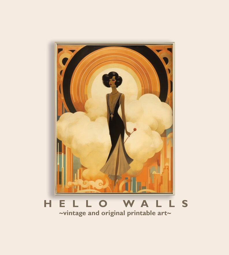 May include: A vintage art print featuring a woman in a black dress standing in front of a colorful abstract background. The background features a sun with concentric circles and clouds. The text "HELLO WALLS" is at the bottom of the print.