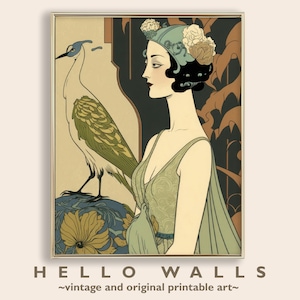 Art Nouveau Flapper Hi Res DIGITAL Print 1920s Woman Original Art Deco Print Bird Wall Decor Sage Green Wall Art Printable INSTANT DOWNLOAD