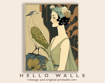 Art Nouveau Flapper Print, 1920s Woman with Bird (Digital Download)