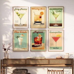 Juego de 6 diseños de arte para carritos de bar, diseño de cócteles retro, DESCARGA DIGITAL, galería de diseños de pared, póster imprimible de Martini, arte de pared de Negroni, piña colada