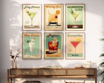 Bar Cart Art SET of 6 Retro Cocktail DIGITAL DOWNLOAD Print Designs Gallery Wall Martini Printable Poster Negroni Wall Art Pina Colada