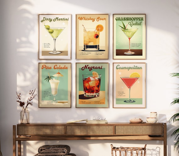 Bar Cart Art SET of 6 Retro Cocktail DIGITAL DOWNLOAD Print Designs Gallery Wall Martini Printable Poster Negroni Wall Art Pina Colada