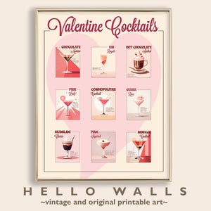 Póster de cócteles para decoración del hogar de San Valentín, arte imprimible retro para carrito de bar, decoración para fiestas del día de San Valentín, DESCARGA DIGITAL IMPRIMIBLE