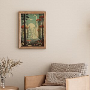 May include: A framed illustration of a forest scene with a full moon, red mushrooms, and tall trees with red tops. The background is a light blue colour with white stars.