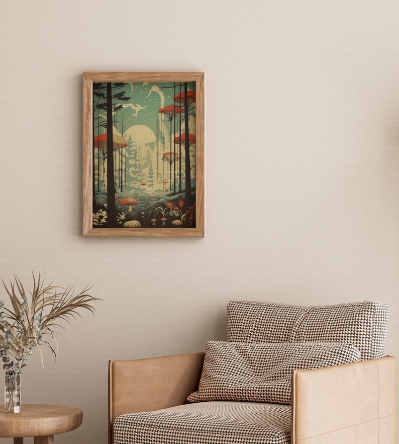May include: A framed illustration of a forest scene with a full moon, red mushrooms, and tall trees with red tops. The background is a light blue colour with white stars.