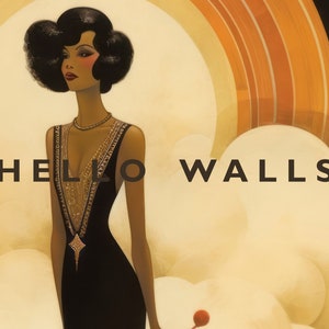 May include: A woman with dark hair and a black dress stands in front of a yellow and orange background with the text "HELLO WALLS".