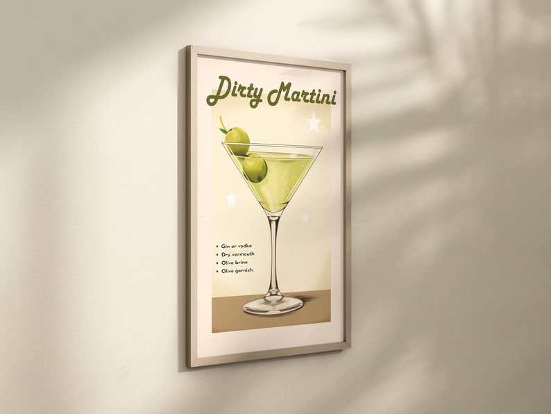 May include: A vintage-style illustration of a Dirty Martini cocktail with green olives. The text "Dirty Martini" is written in a retro font at the top of the image. The ingredients are listed below: Gin or Vodka, Dry Vermouth, Olive Brine, Olive Garnish.