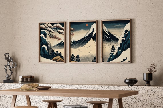 Triptych Wall Art Prints Japanese Woodcut 3 Panel Wall Art Set Mid