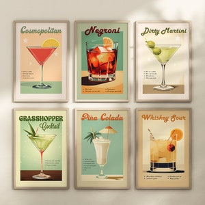 May include: Six vintage-style cocktail posters featuring illustrations of different drinks, including a Cosmopolitan, Negroni, Dirty Martini, Grasshopper, Pina Colada, and Whiskey Sour. Each poster includes the name of the drink and a list of ingredients.