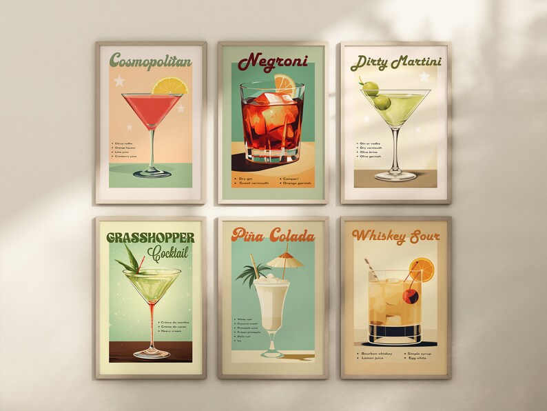 May include: Six vintage-style cocktail posters featuring illustrations of different drinks, including a Cosmopolitan, Negroni, Dirty Martini, Grasshopper, Pina Colada, and Whiskey Sour. Each poster includes the name of the drink and a list of ingredients.